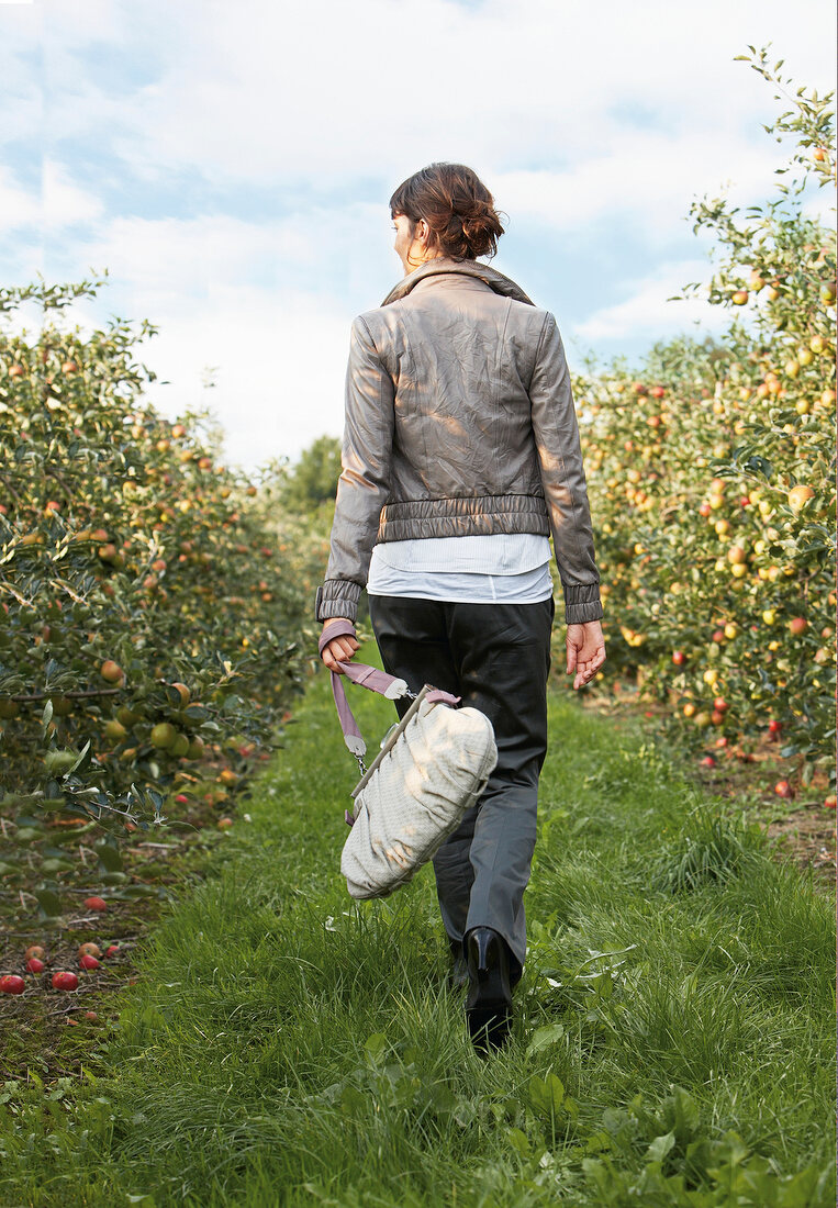 Rear view of woman dressed casually carrying handbag, walking in apple orchard on grass