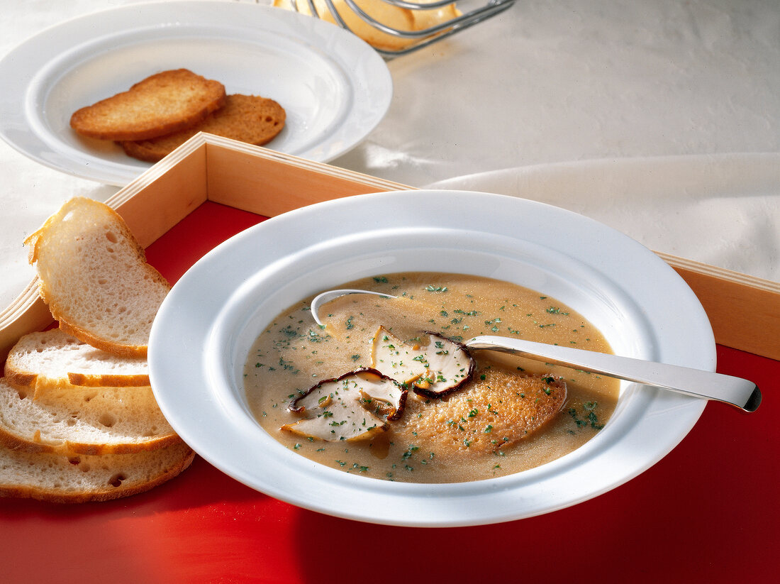 Suppen, Steinpilzsuppe mit ger östeten Weißbrotscheiben