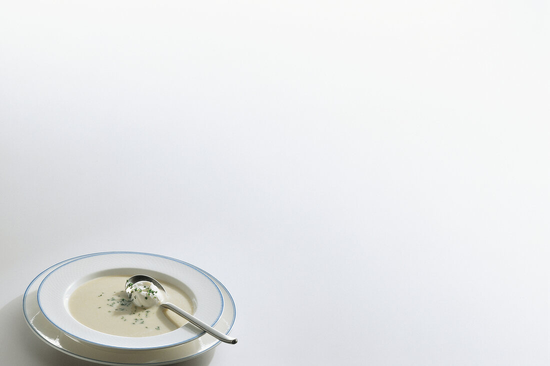 Artichoke soup with creme fraiche on plate