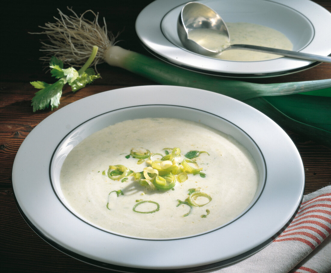 Suppen, Teller Rahmsuppe mit Lauchringen, Suppenkelle