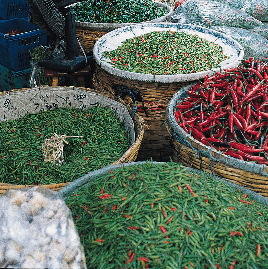 Suppen, Versch. Chilisorten in Körben, indischer Markt, grün, rot