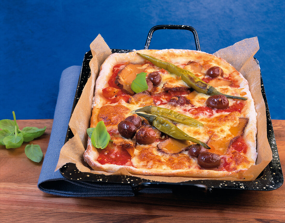 Vegetarisch, Vegi-Pizza auf Blech, Peperoni, Oliven