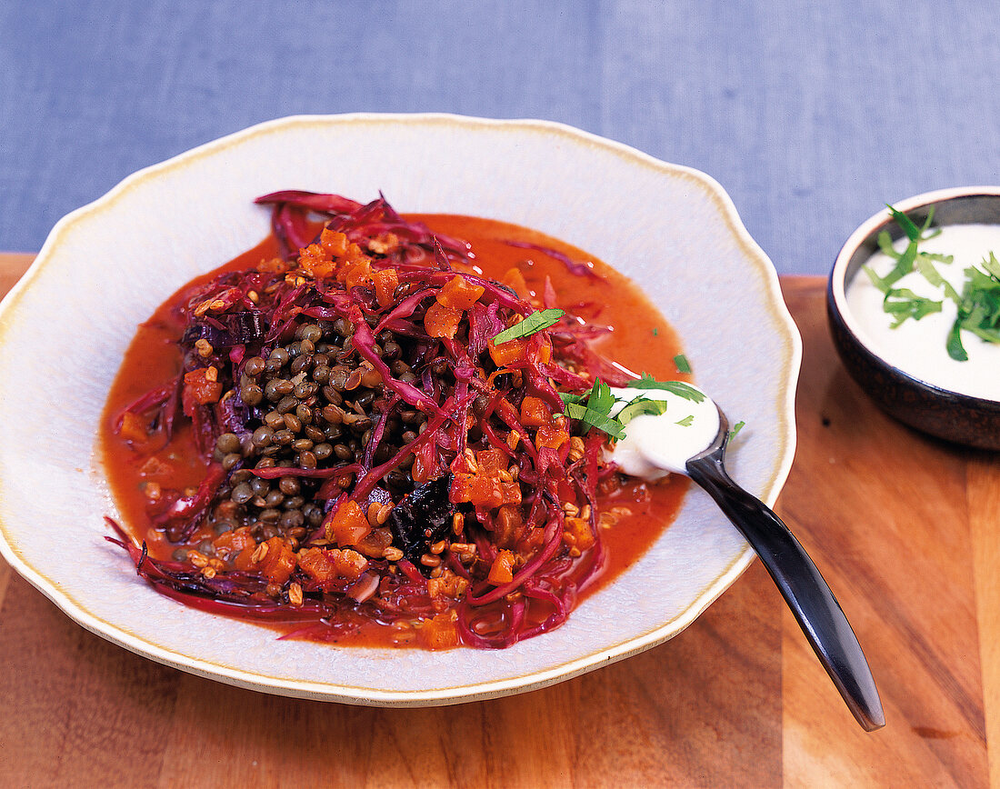 Curried lentil red cabbage with ginger raita