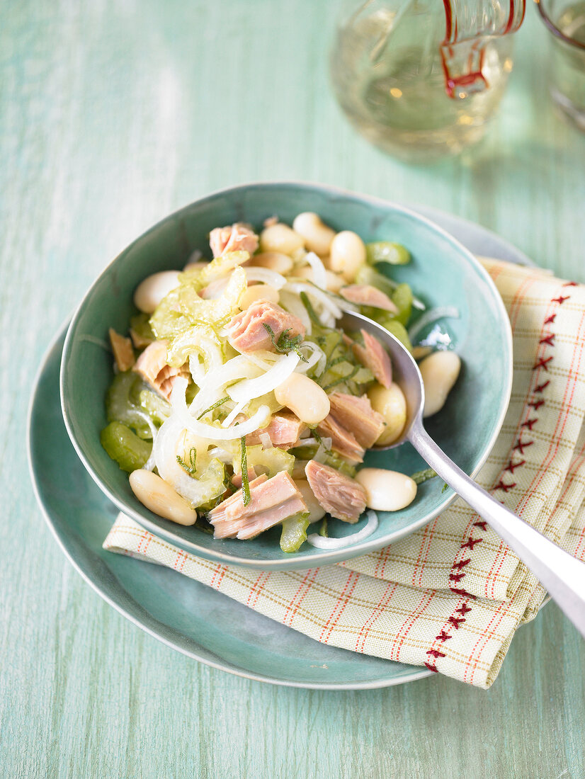 Bowl of salad with white beans, onions and tuna on plate
