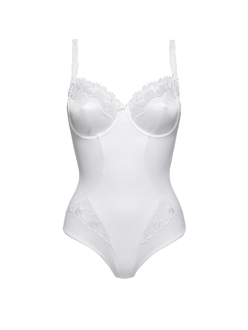 White body suit with lace on white background