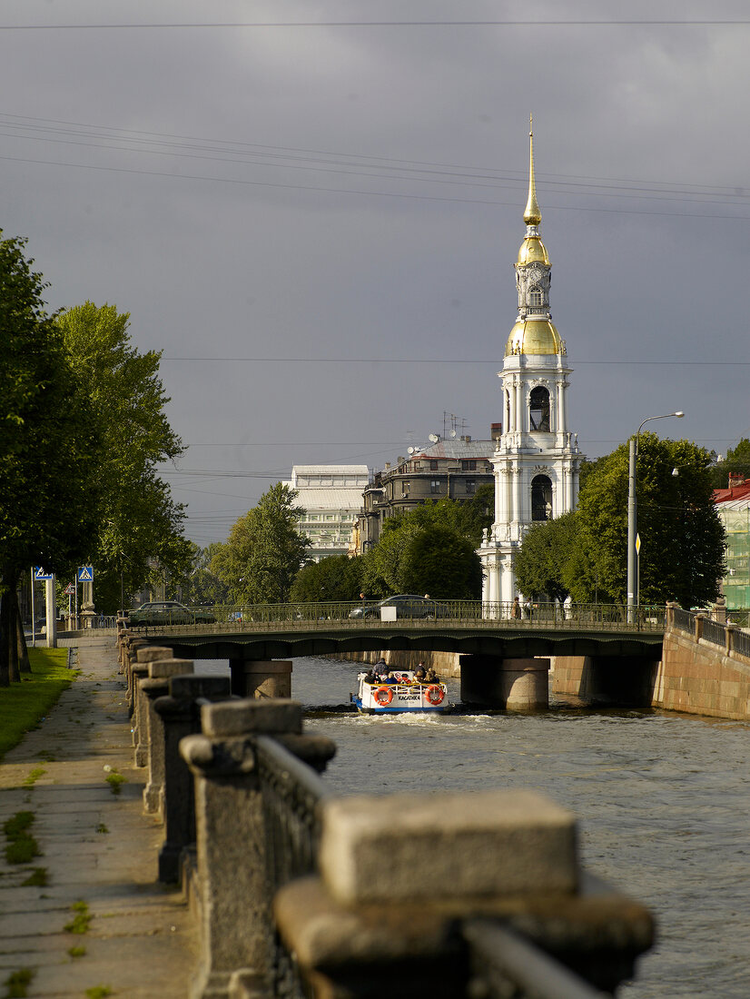 View of Kryukov Canal and tower of St. Nicholas Naval Cathedral in St. Petersburg, Russia