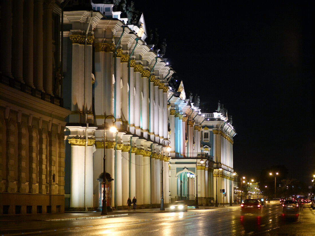 View of illuminated Eremitage hotel at night in St. Petersburg, Russia