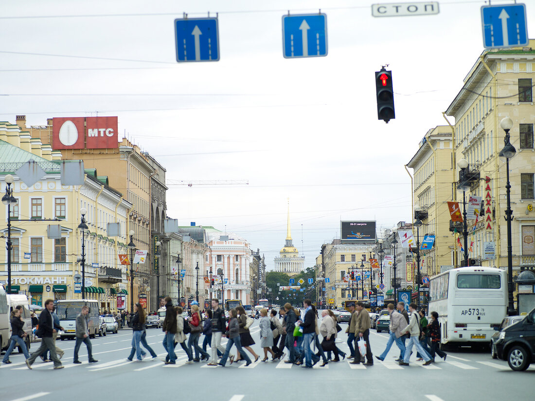 People walking on zebra crossing in Nevsky Prospekt street, St. Petersburg, Russia