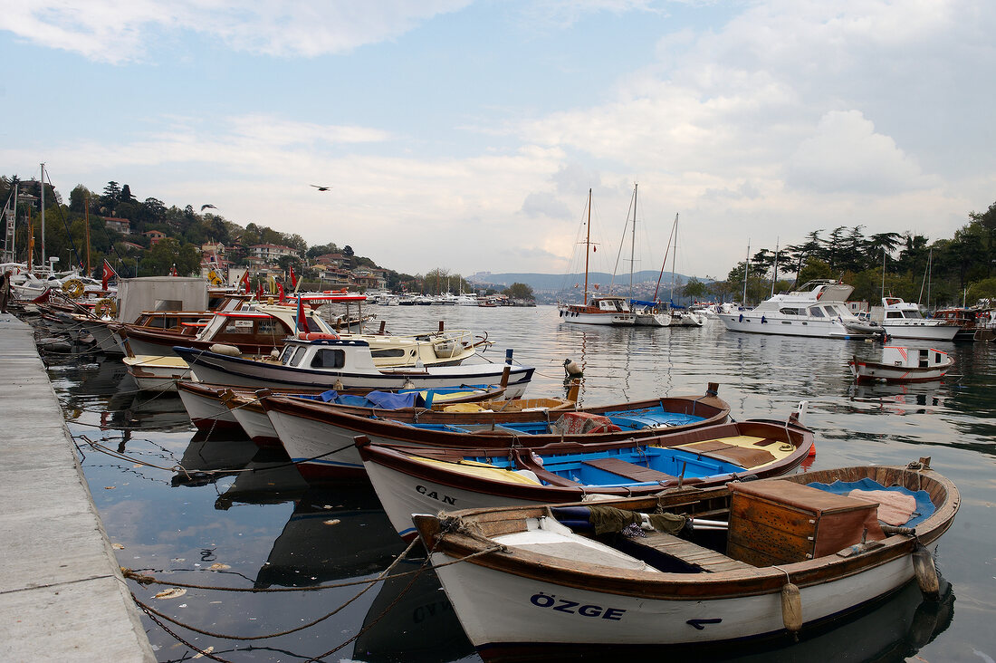 Boats moored in the fishing harbor in Istanbul, Turkey