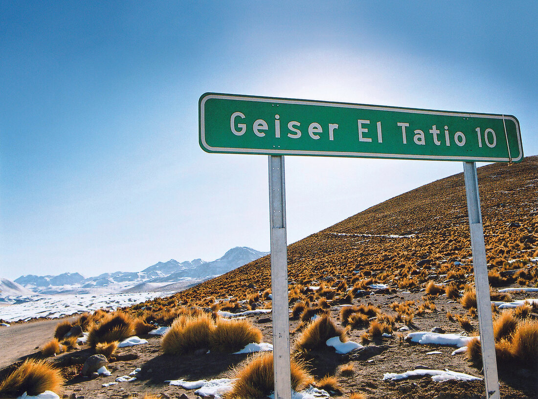 Hinweisschild El Tatio-Geysir, Chile, Atacama-Wüste