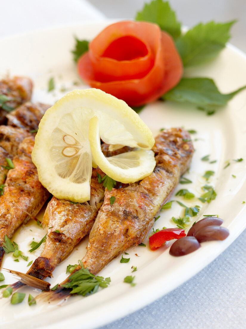 Close-up of grilled sardines with herbs, lemon and tomato rose