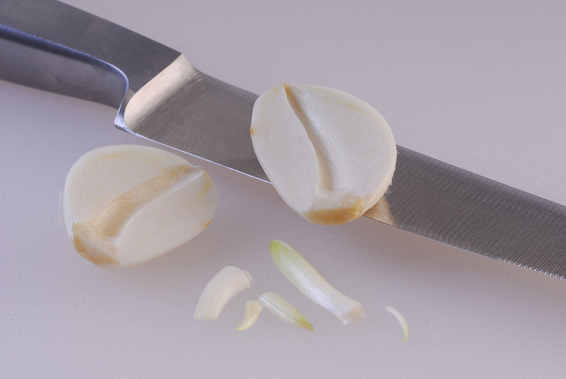 Close-up of halved garlic clove with green shoot while preparing gazpacho, step 3