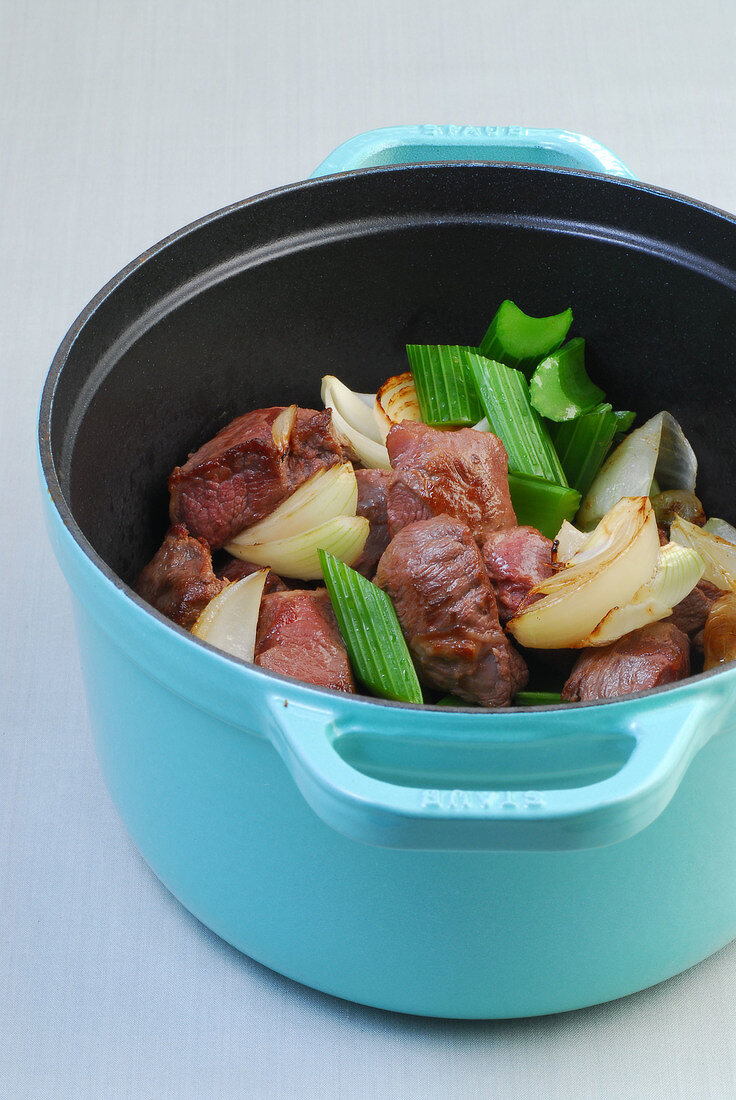 Braised meat and vegetables in pot