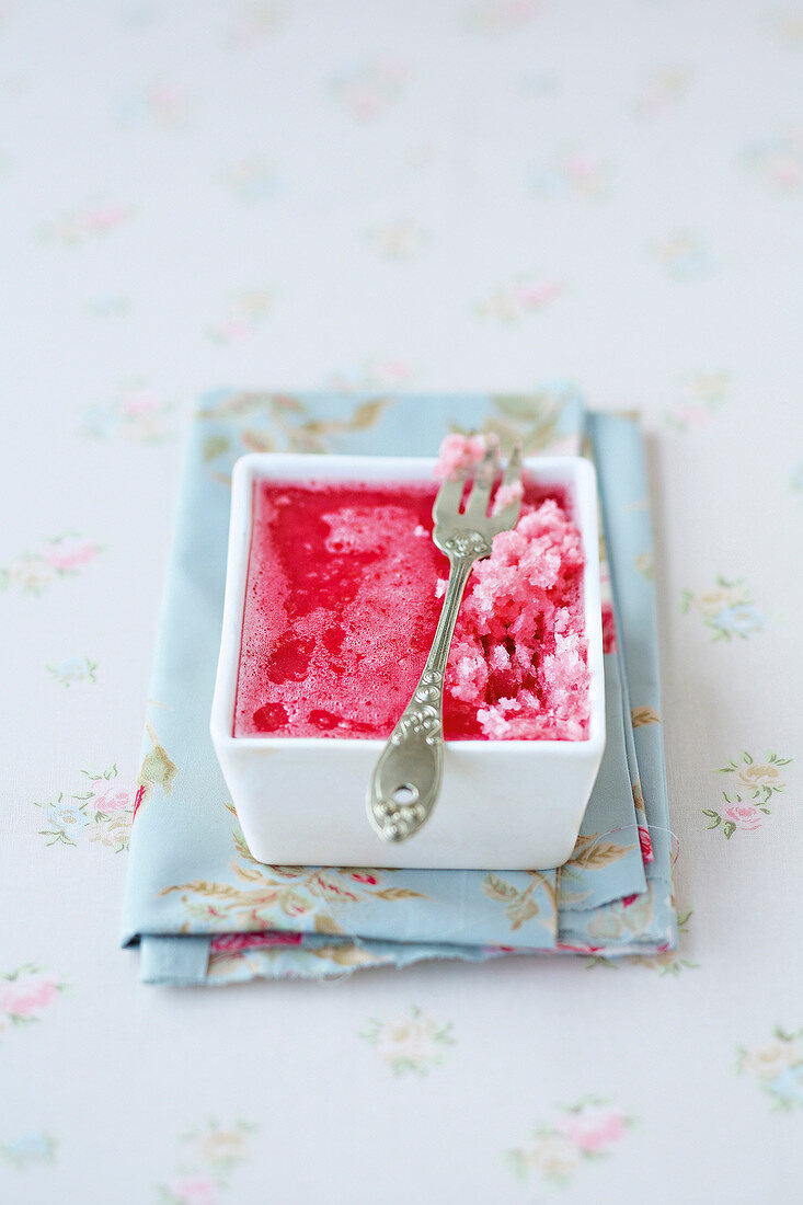 Rhubarb granita in serving dish