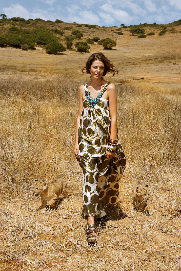 Beautiful brunette woman in evening dress walking with two lion cubs in steppe, Africa