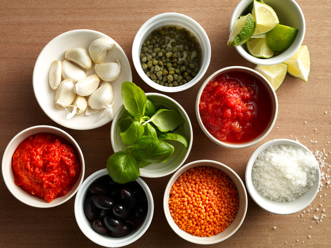 Different types of ingredients for sauces in bowls