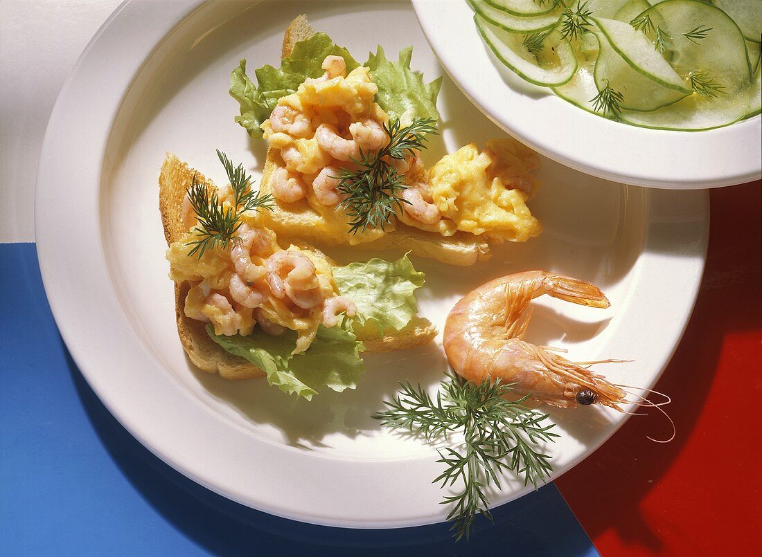 Scrambled Egg with Shrimp on Toast with Cucumber Salad