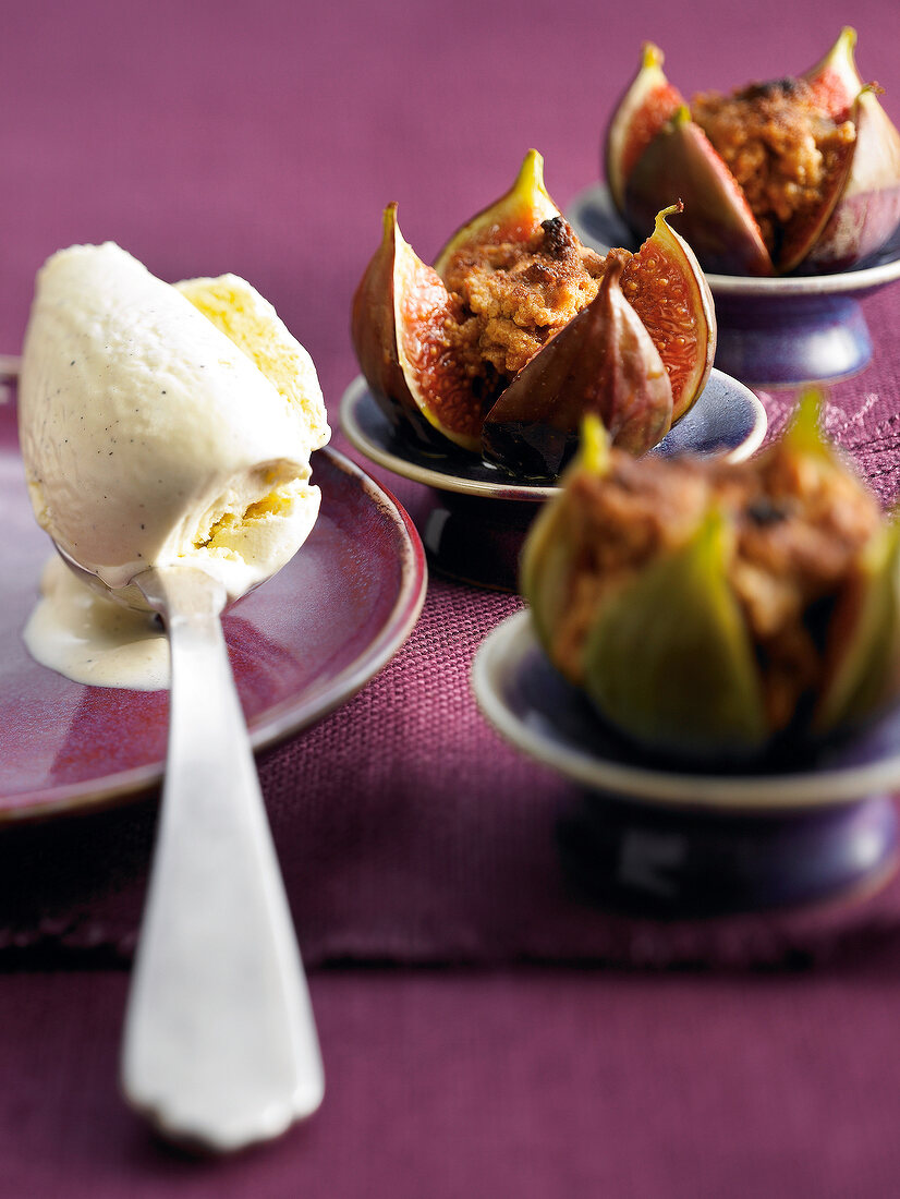 Close-up of Stuffed figs with vanilla ice cream on plate