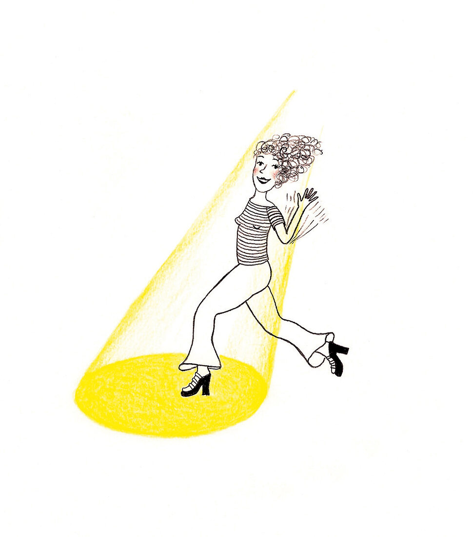 Illu.: Frau läuft in Lichtkegel, Blick zur Seite, winkt