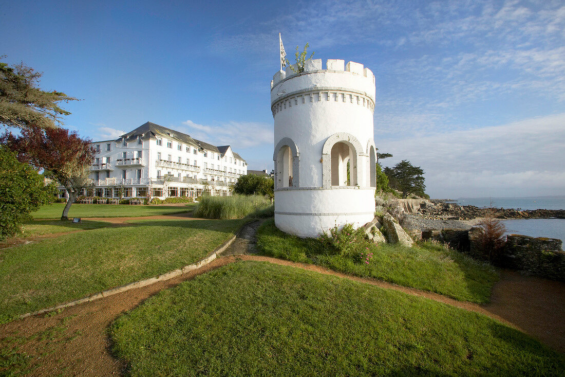 View of Grand Hotel des Bains at Locquirec in Brittany, France