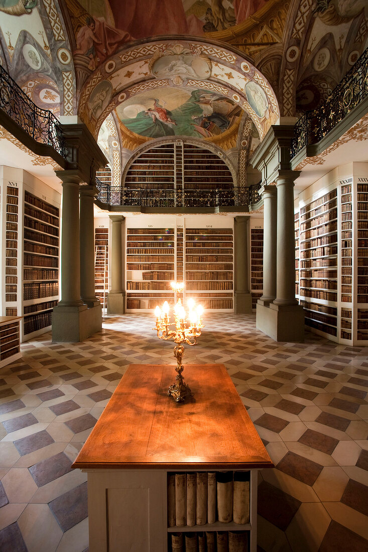 View of library hall with fresco on ceiling in Castle St. Emmeram, Regensburg, Germany