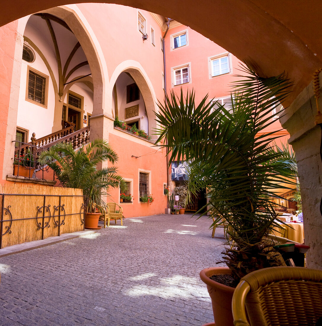 Courtyard of Heuport house on Cathedral square, Regensburg, Bavaria, Germany