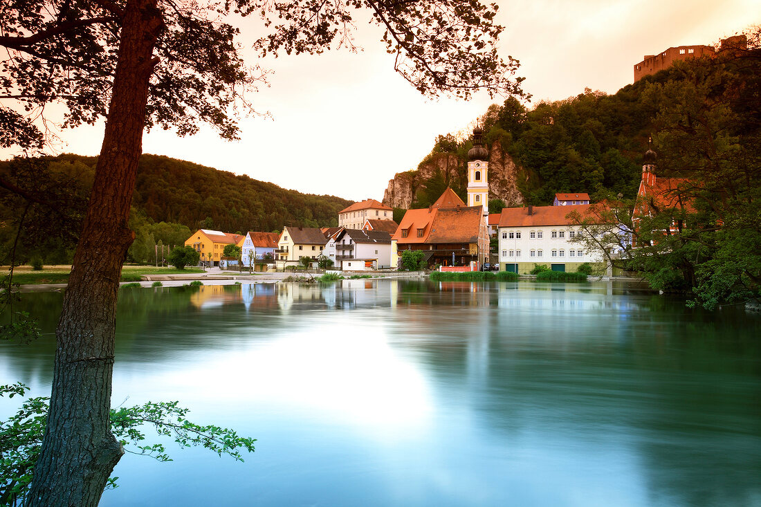 View of Naab river overlooking a village in Kallmunz, Bavaria, Germany