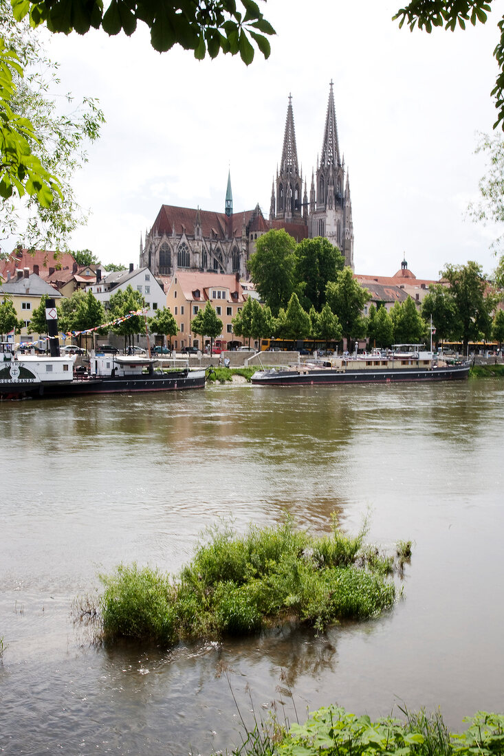 Boats moored in Danube river, Regensburg, Germany