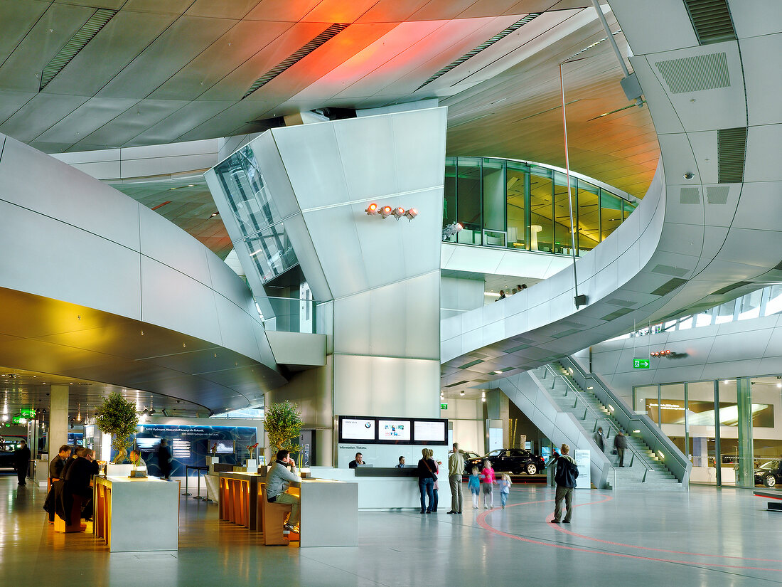 Visitors at entrance hall in BMW World, Munich, Germany