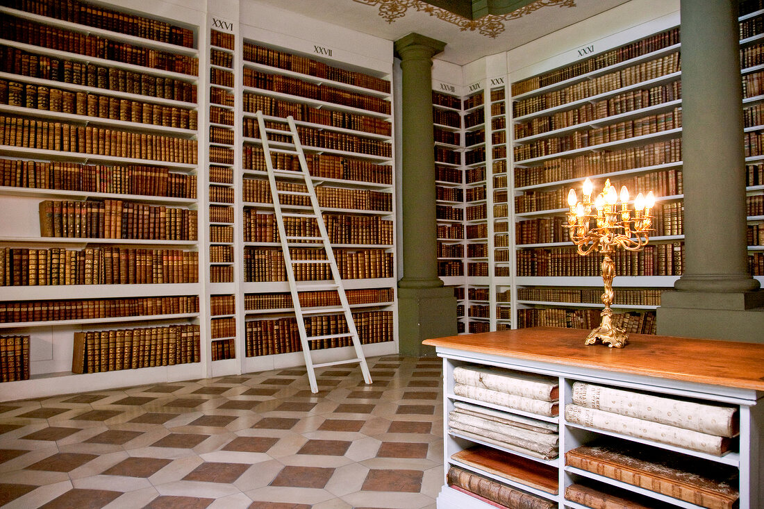 View of library hall with fresco on ceiling in Castle St. Emmeram, Regensburg, Germany