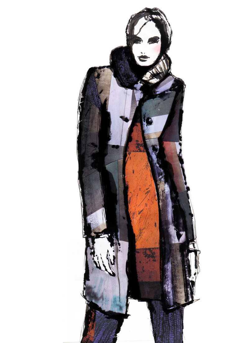 Illustration of fashionable woman wearing coat against white background