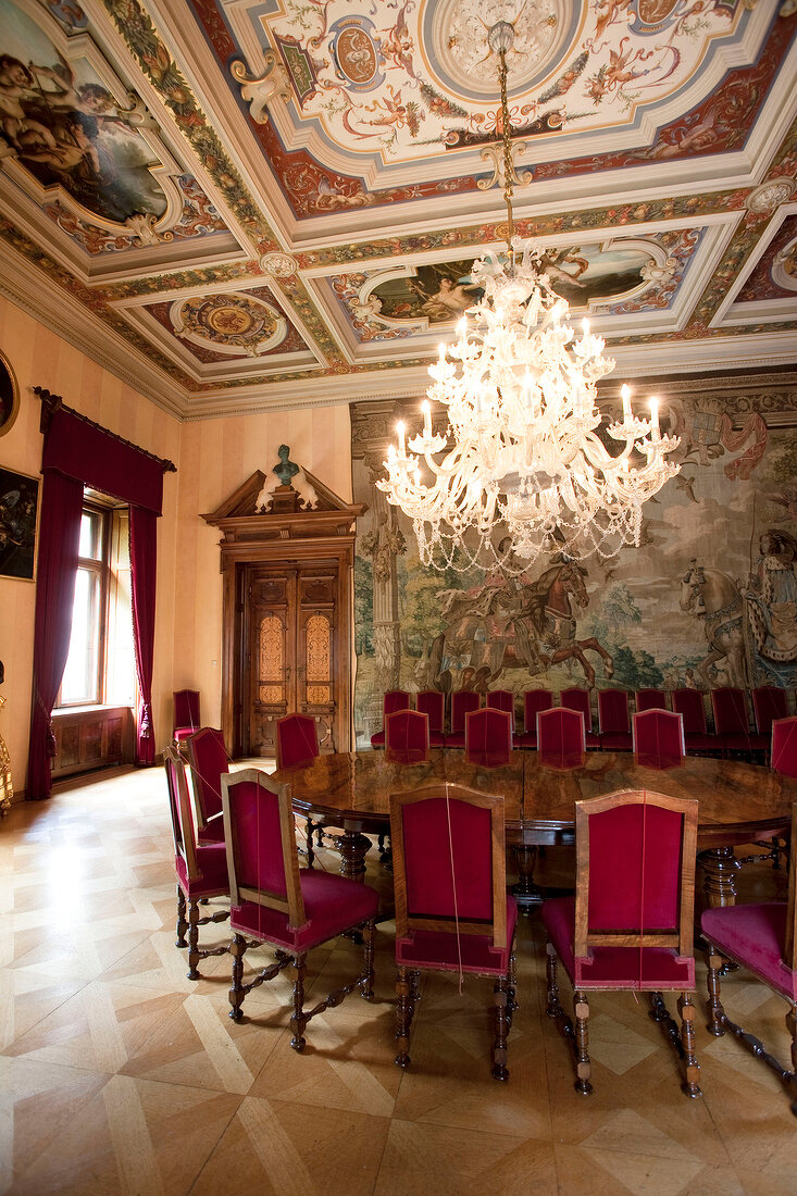 Large dining room with chandelier in St. Emmeram Castle in Regenburg, Germany