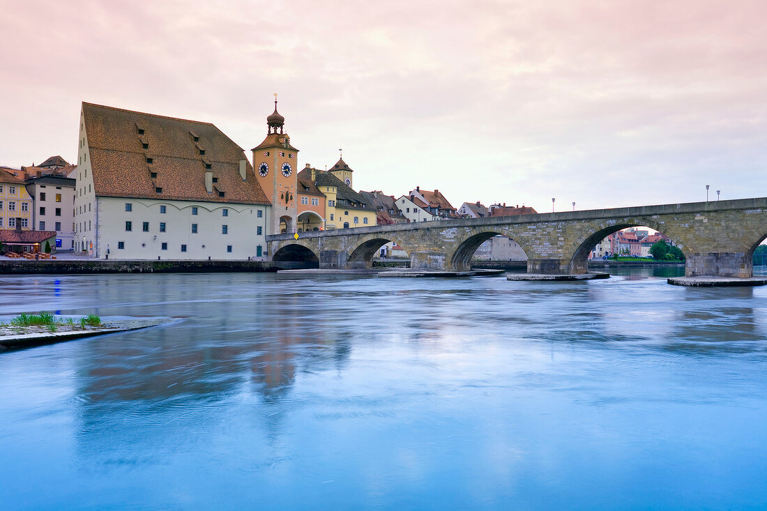 Regensburg: Blick über die Donau, Sa lzstadel, Steinerne Brücke, Dom
