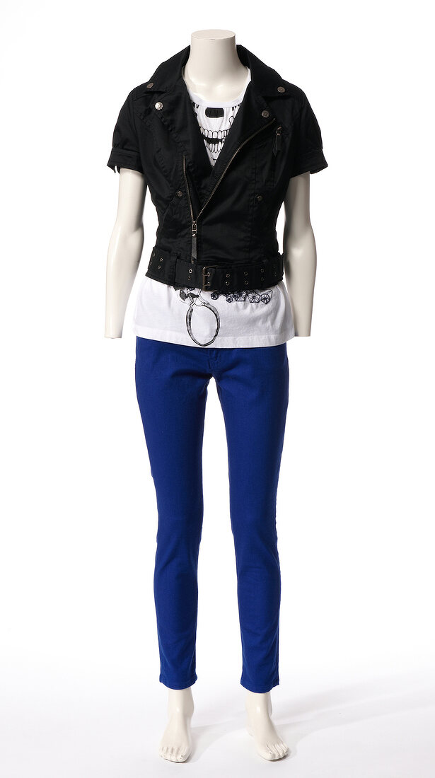 Blue skinny jeans with shirt and black jacket on mannequin