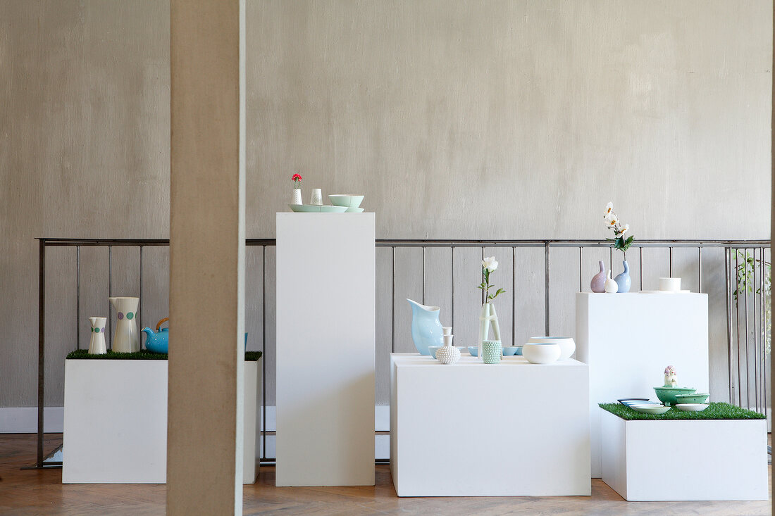 Ceramic vases and bowls exhibited in museum, Copenhagen, Denmark