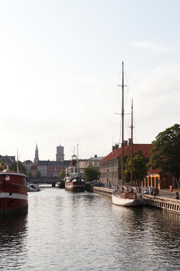 Boats and building near canal in Copenhagen, Denmark