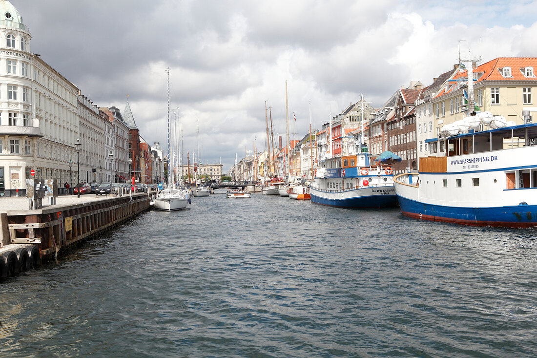 View of boats and houses in Nyhavn, Copenhagen, Denmark