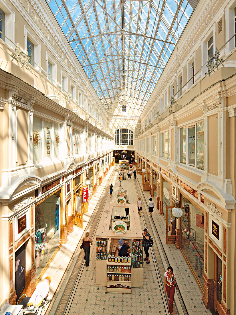 View of arcade of Passasch and people shopping in Saint Petersburg, Russia