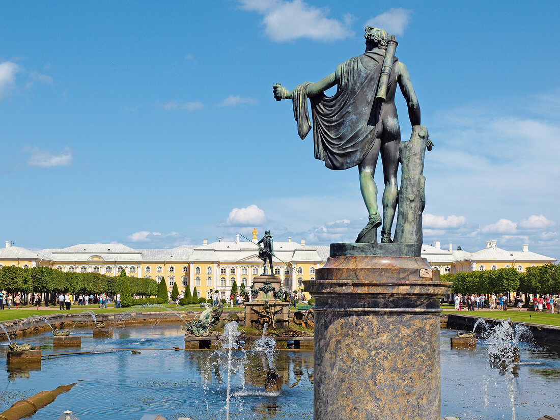 View of Peterhof fountain statues in Saint Petersburg, Russia