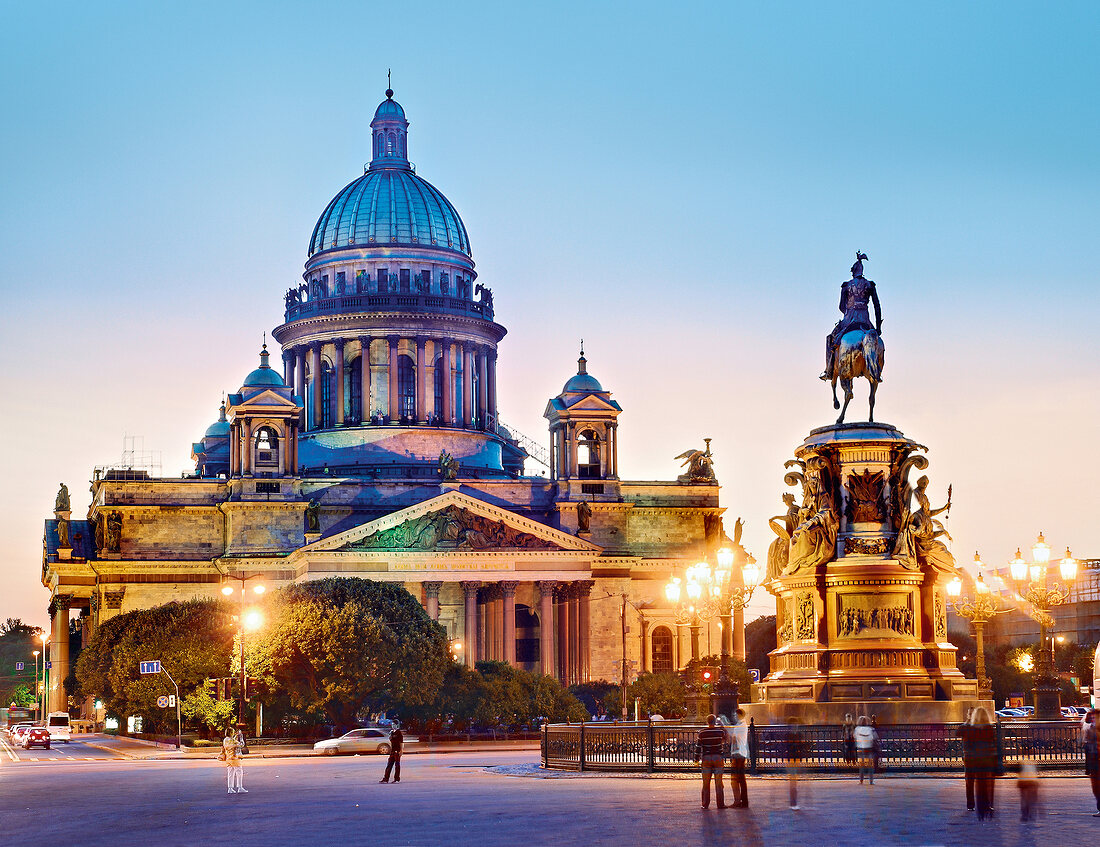 View of St. Isaac's Cathedral at dusk in Saint Petersburg, Russia