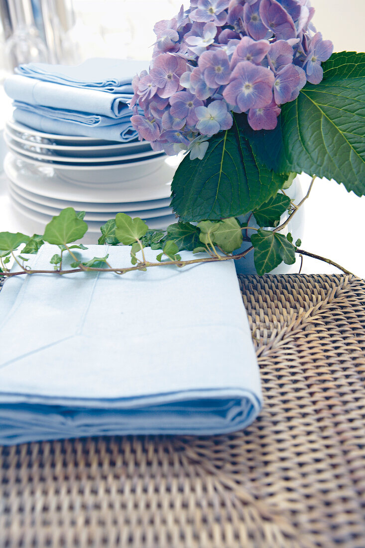 Close-up of light blue table linen with stack of dishes and hydrangeas