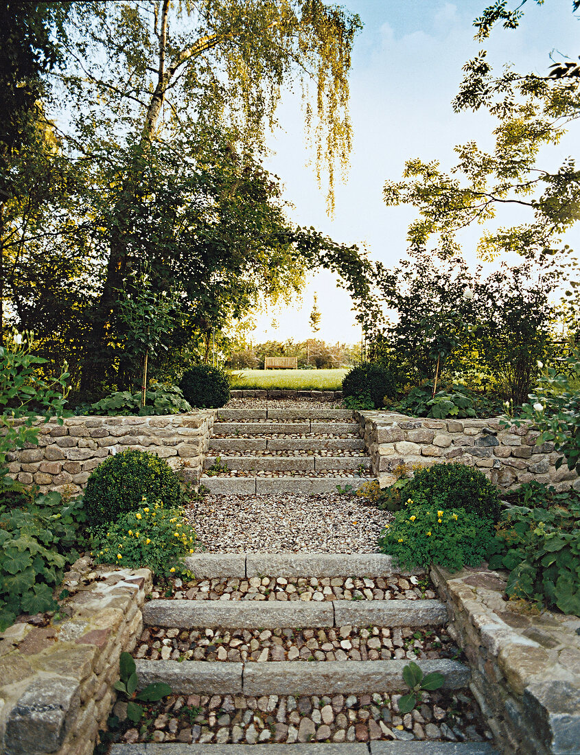 Garten, Steintreppe, Bäume, Sträuche sommerlich