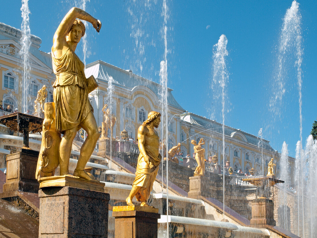 View of Peterhof Grand Cascade fountain with bronze sculptures in St. petersburg, Russia