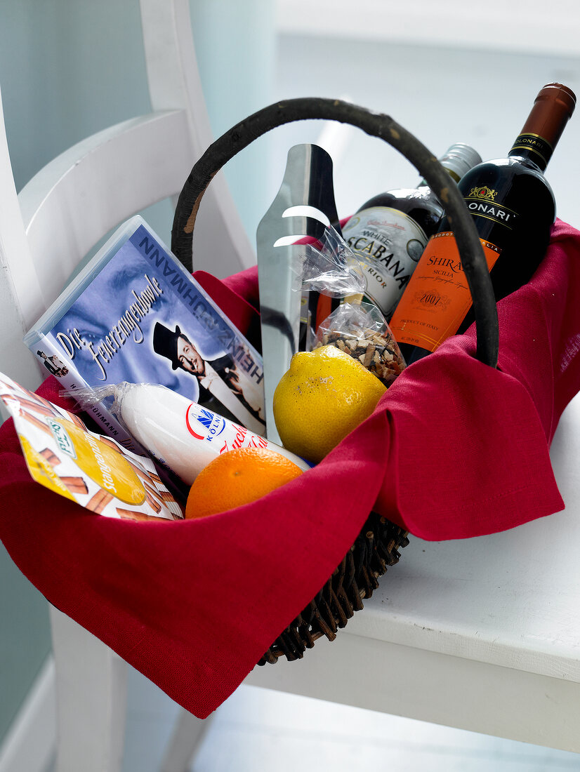 Gift basket with wines, orange, lemon and DVD