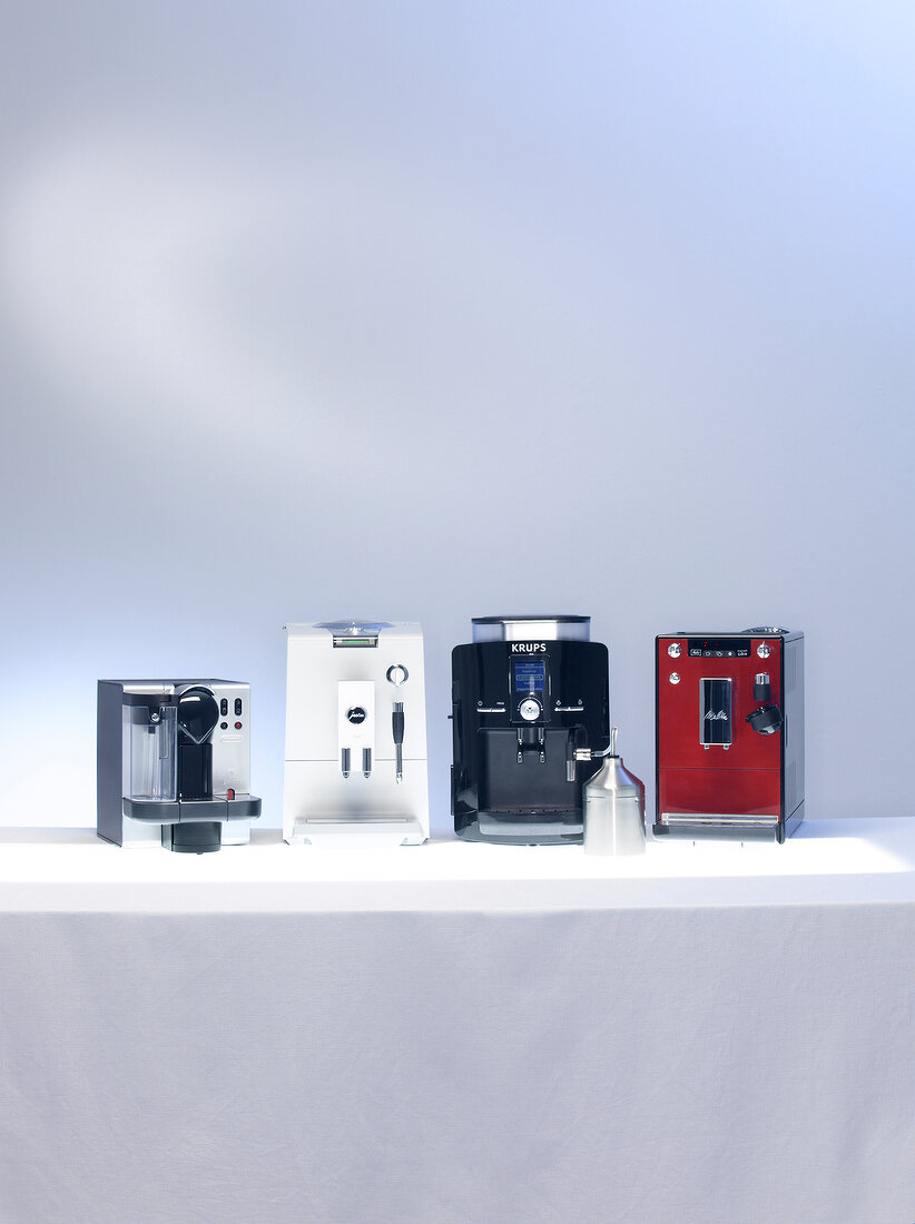 Various coffee making machine against white background