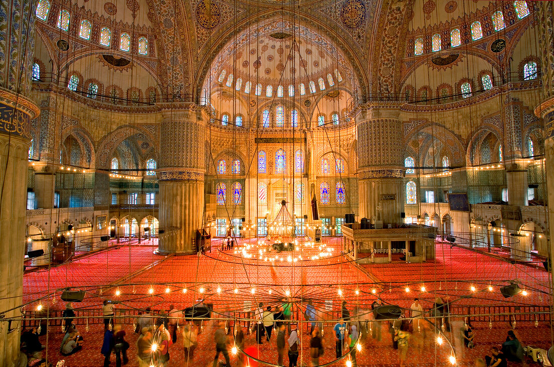 View of illuminated Sultan Ahmed Mosque domes pillars, Istanbul, Turkey, blurred motion