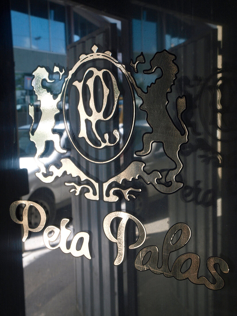 Close-up of Pera Palas written on glass, Istanbul, Turkey