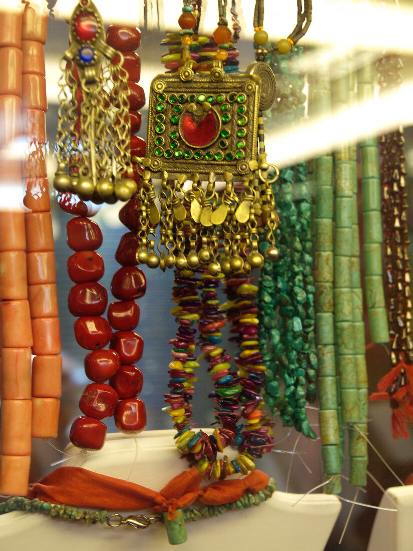 Close-up of different coloured stone jewellery and necklace in shop, Istanbul, Turkey
