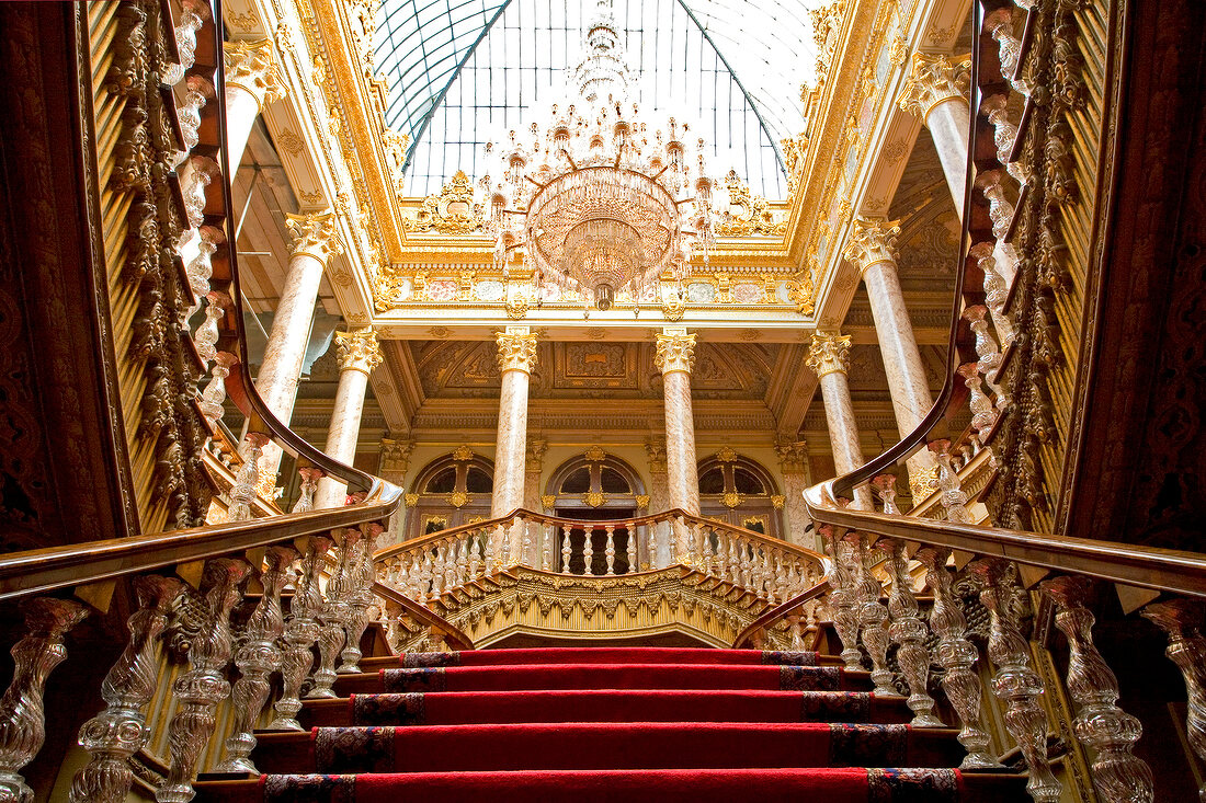 Low angle view of grand staircase at Dolmabahce Palace, Istanbul, Turkey