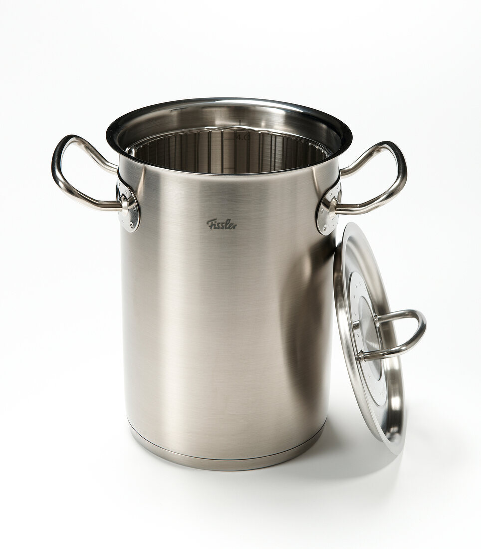 Fissler asparagus stainless steel pot on white background
